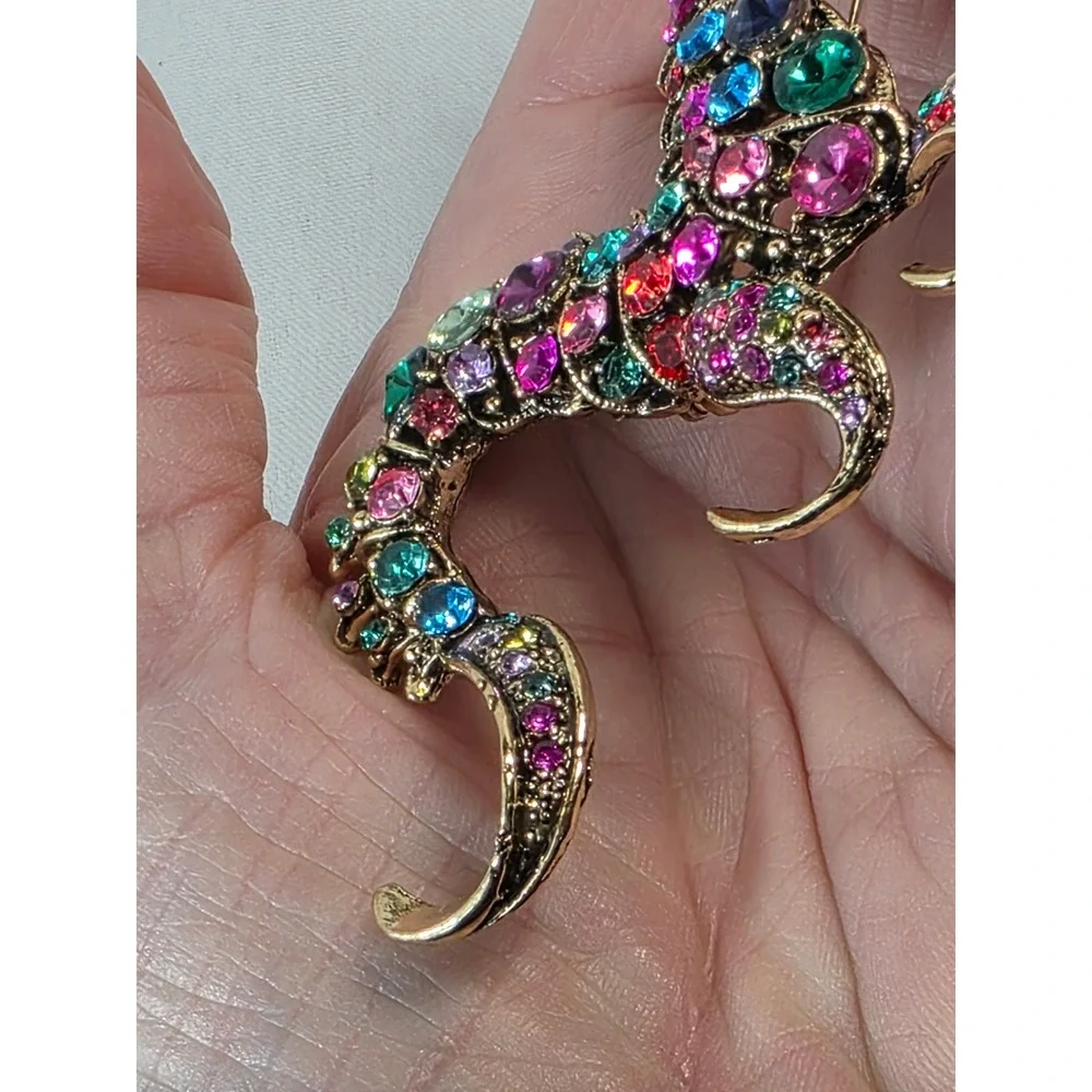 Multicolor Rhinestone Dragon Brooch Antique‎ Gold Tone Crystal Mythical Pin 4 In